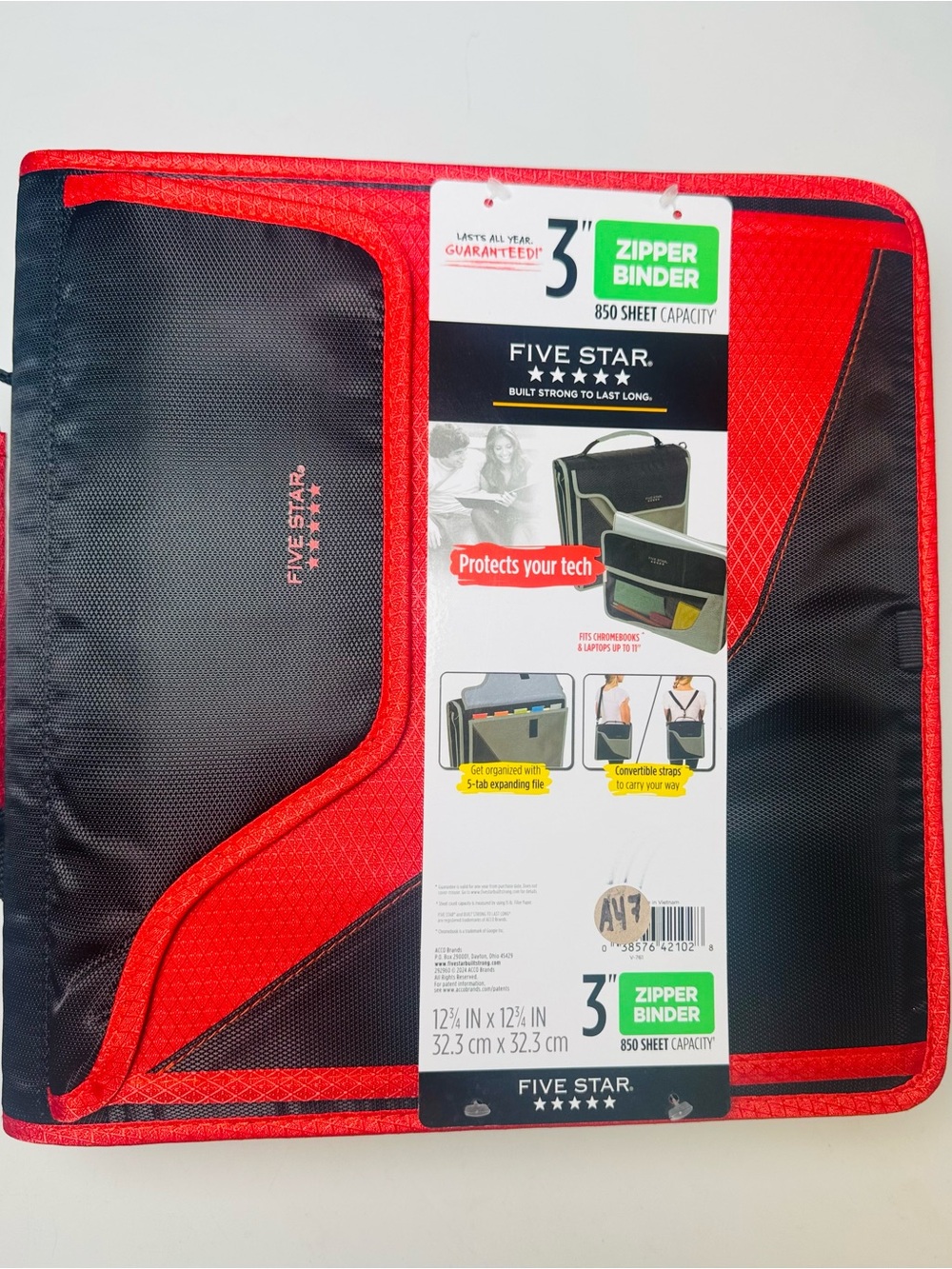 Five Star 3-Inch Zipper Binder – Red & Black – 850 Sheet Capacity